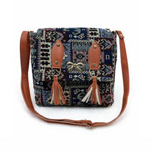 Tribal Pattern Canvas Sling Bag with Brown Leather Accents