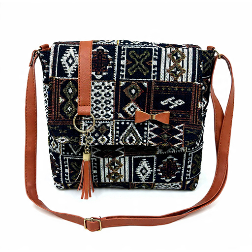 Aztec Tribal Pattern Sling Bag with Brown Leather Accents